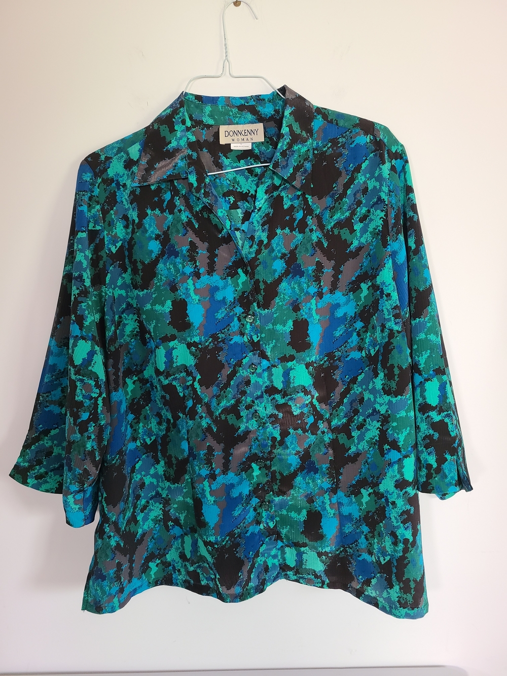 Donn Kenny Teal & Black Abstract Button Down Blouse 3/4 Sleeve 2X